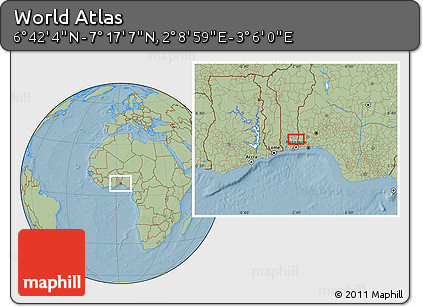 Savanna Style Location Map of the Area around 6° 59' 36" N, 2° 37' 30" E, hill shading