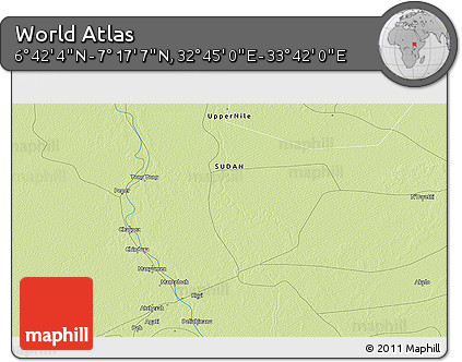 Physical 3D Map of the Area around 6° 59' 36" N, 33° 13' 30" E