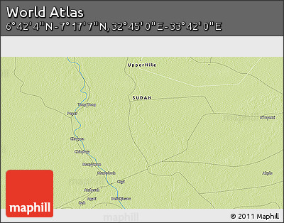 Physical 3D Map of the Area around 6° 59' 36" N, 33° 13' 30" E