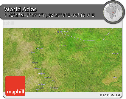 Satellite 3D Map of the Area around 6° 59' 36" N, 33° 13' 30" E