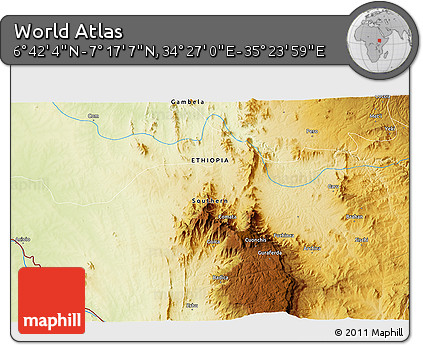 Physical 3D Map of the Area around 6° 59' 36" N, 34° 55' 29" E