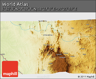 Physical 3D Map of the Area around 6° 59' 36" N, 34° 55' 29" E