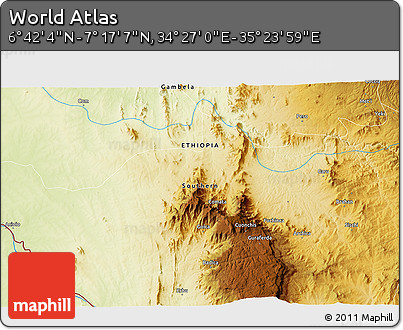 Physical 3D Map of the Area around 6° 59' 36" N, 34° 55' 29" E