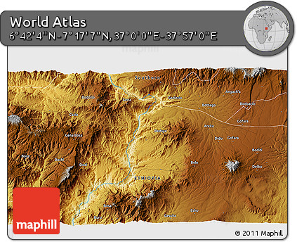 Physical 3D Map of the Area around 6° 59' 36" N, 37° 28' 30" E
