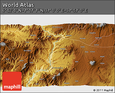 Physical 3D Map of the Area around 6° 59' 36" N, 37° 28' 30" E
