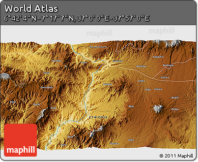 Physical 3D Map of the Area around 6° 59' 36" N, 37° 28' 30" E