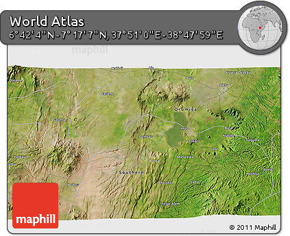 Satellite 3D Map of the Area around 6° 59' 36" N, 38° 19' 30" E