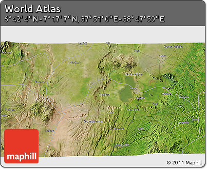 Satellite 3D Map of the Area around 6° 59' 36" N, 38° 19' 30" E