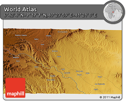 Physical 3D Map of the Area around 6° 59' 36" N, 40° 52' 30" E