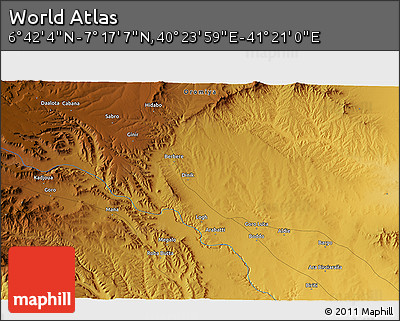 Physical 3D Map of the Area around 6° 59' 36" N, 40° 52' 30" E