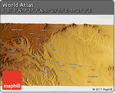 Physical 3D Map of the Area around 6° 59' 36" N, 40° 52' 30" E