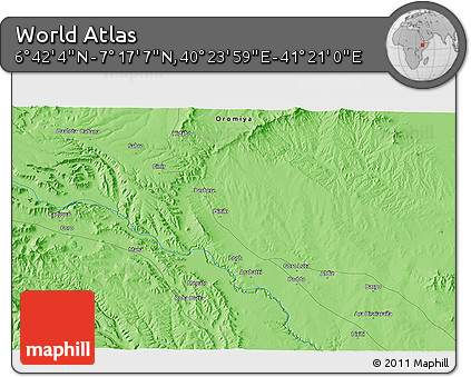 Political 3D Map of the Area around 6° 59' 36" N, 40° 52' 30" E