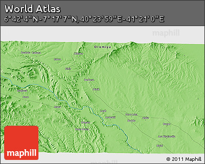Political 3D Map of the Area around 6° 59' 36" N, 40° 52' 30" E