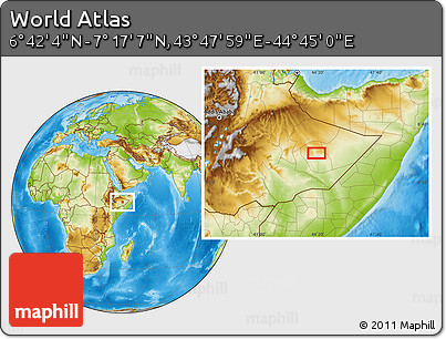 Physical Location Map of the Area around 6° 59' 36" N, 44° 16' 29" E