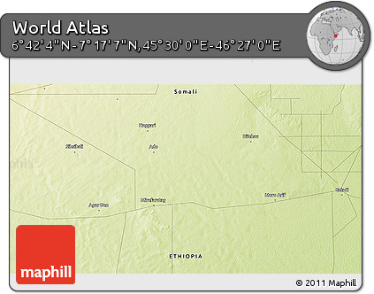 Physical 3D Map of the Area around 6° 59' 36" N, 45° 58' 30" E