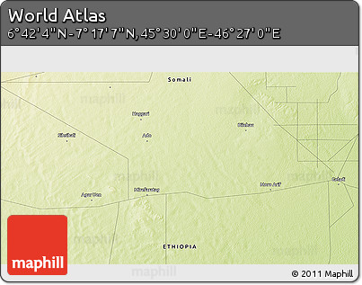 Physical 3D Map of the Area around 6° 59' 36" N, 45° 58' 30" E