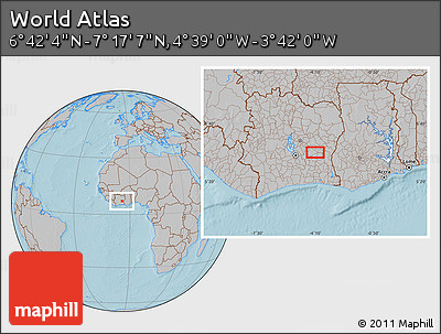 Gray Location Map of the Area around 6° 59' 36" N, 4° 10' 30" W, hill shading