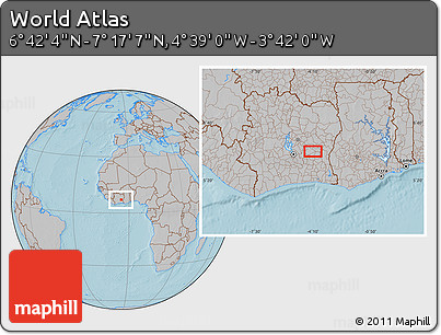Gray Location Map of the Area around 6° 59' 36" N, 4° 10' 30" W, hill shading