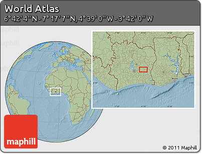 Savanna Style Location Map of the Area around 6° 59' 36" N, 4° 10' 30" W, hill shading