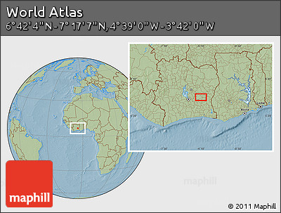 Savanna Style Location Map of the Area around 6° 59' 36" N, 4° 10' 30" W, hill shading