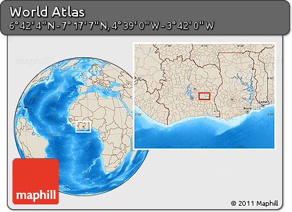 Shaded Relief Location Map of the Area around 6° 59' 36" N, 4° 10' 30" W
