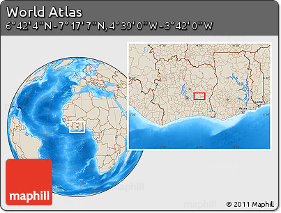 Shaded Relief Location Map of the Area around 6° 59' 36" N, 4° 10' 30" W