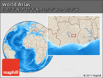 Shaded Relief Location Map of the Area around 6° 59' 36" N, 4° 10' 30" W