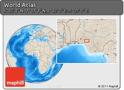 Shaded Relief Location Map of the Area around 6° 59' 36" N, 5° 10' 30" E