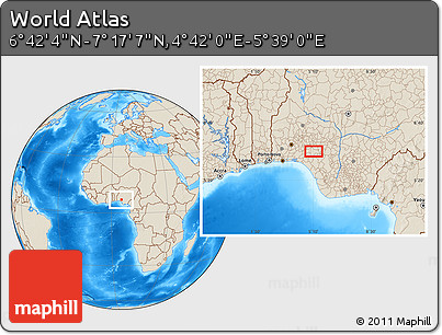 Shaded Relief Location Map of the Area around 6° 59' 36" N, 5° 10' 30" E