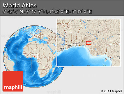 Shaded Relief Location Map of the Area around 6° 59' 36" N, 5° 10' 30" E