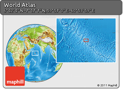 Physical Location Map of the Area around 6° 59' 36" N, 60° 25' 29" E