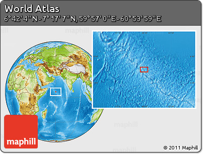Physical Location Map of the Area around 6° 59' 36" N, 60° 25' 29" E