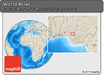 Shaded Relief Location Map of the Area around 6° 59' 36" N, 6° 1' 30" E