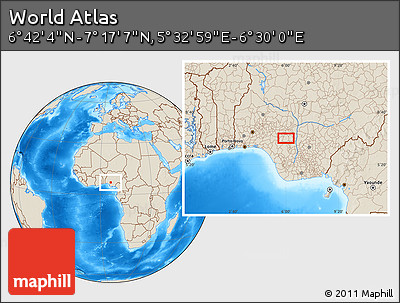 Shaded Relief Location Map of the Area around 6° 59' 36" N, 6° 1' 30" E