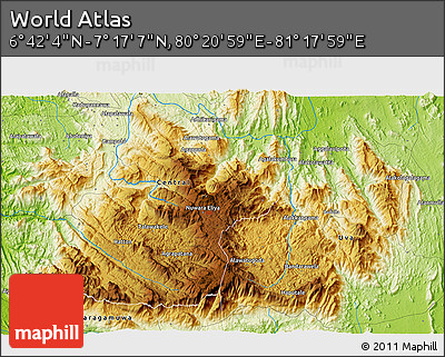 Physical 3D Map of the Area around 6° 59' 36" N, 80° 49' 29" E
