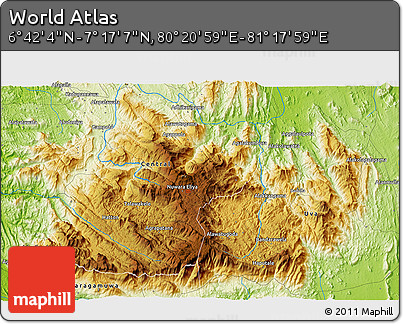 Physical 3D Map of the Area around 6° 59' 36" N, 80° 49' 29" E