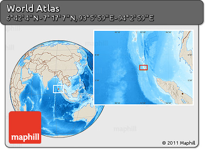 Shaded Relief Location Map of the Area around 6° 59' 36" N, 93° 34' 29" E