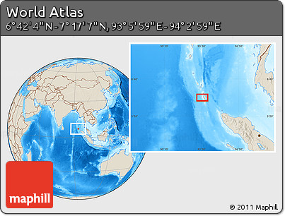Shaded Relief Location Map of the Area around 6° 59' 36" N, 93° 34' 29" E