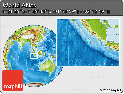 Physical Location Map of the Area around 6° 7' 16" S, 102° 4' 29" E