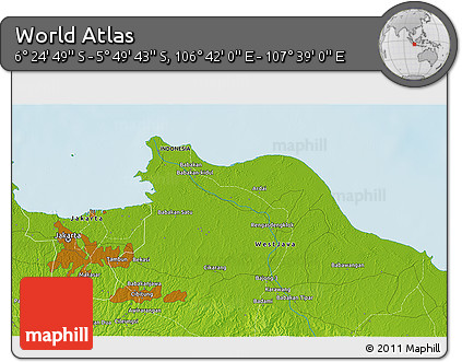 Physical 3D Map of the Area around 6° 7' 16" S, 107° 10' 30" E