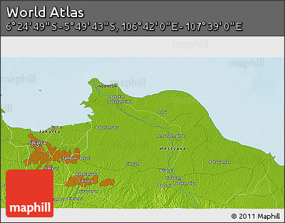 Physical 3D Map of the Area around 6° 7' 16" S, 107° 10' 30" E