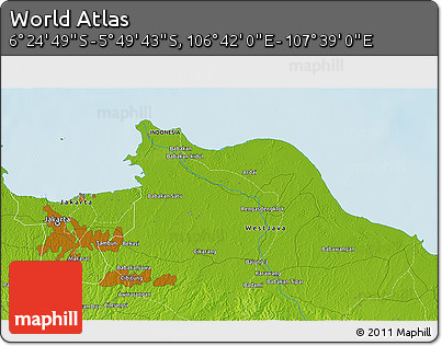 Physical 3D Map of the Area around 6° 7' 16" S, 107° 10' 30" E