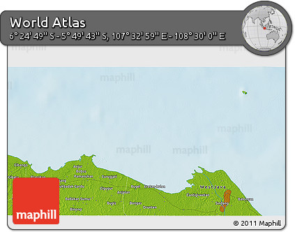 Physical 3D Map of the Area around 6° 7' 16" S, 108° 1' 30" E