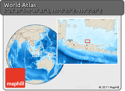 Shaded Relief Location Map of the Area around 6° 7' 16" S, 110° 34' 29" E