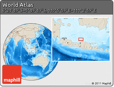 Shaded Relief Location Map of the Area around 6° 7' 16" S, 110° 34' 29" E