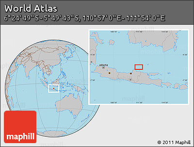 Gray Location Map of the Area around 6° 7' 16" S, 111° 25' 30" E