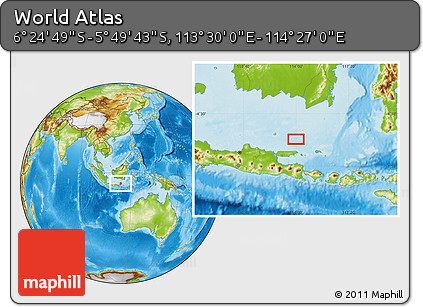 Physical Location Map of the Area around 6° 7' 16" S, 113° 58' 29" E
