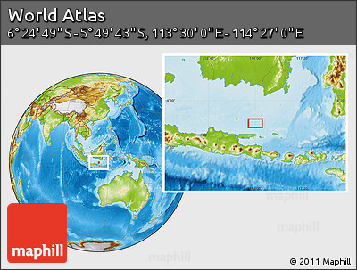 Physical Location Map of the Area around 6° 7' 16" S, 113° 58' 29" E
