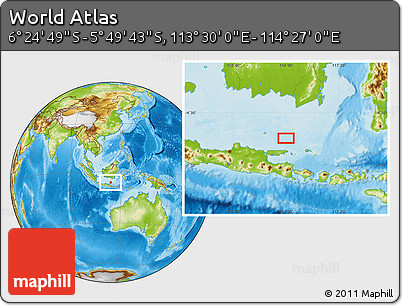 Physical Location Map of the Area around 6° 7' 16" S, 113° 58' 29" E