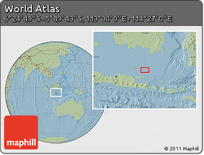 Savanna Style Location Map of the Area around 6° 7' 16" S, 113° 58' 29" E, hill shading